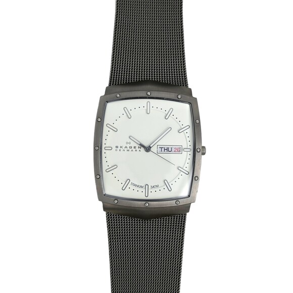 Skagen Denmark Men's Titanium Watch Day Date White Dial 34x44mm Integrated - Picture 1 of 8